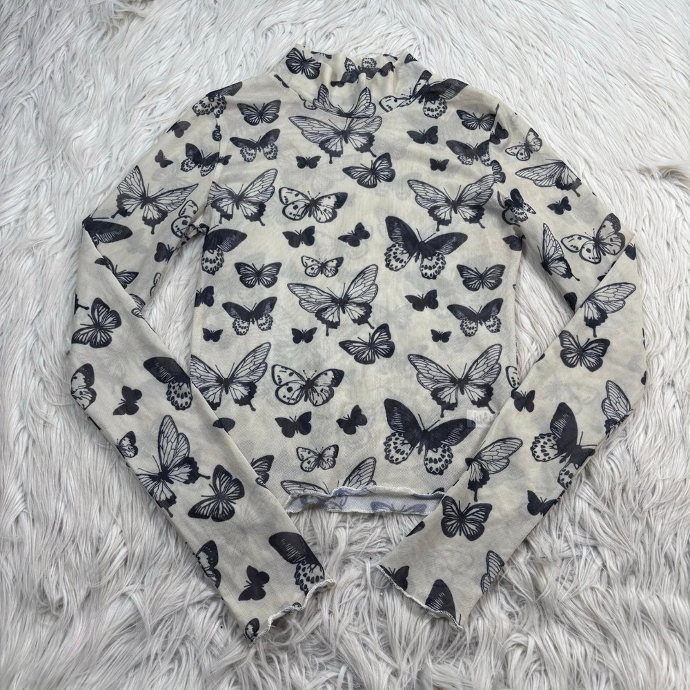 Women's S Cream Black Butterfly Print Mock Neck Mesh Top Long Sleeve Artsy Fairy
